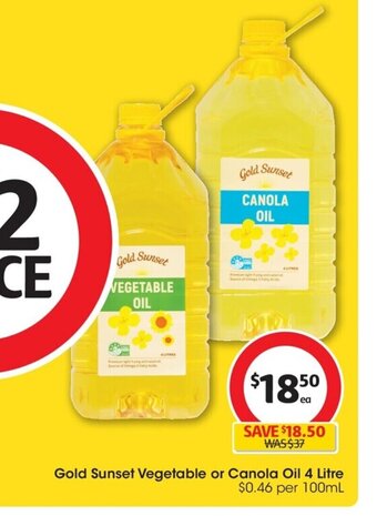Coles Gold Sunset Vegetable or Canola Oil 4 Litre offer