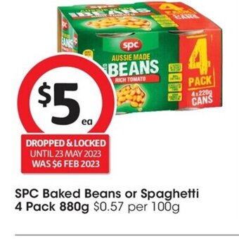 Coles SPC Baked Beans or Spaghetti 4 pack 880g offer