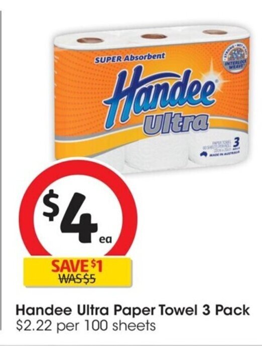 Handee Ultra Paper Towel 3 pack offer at Coles