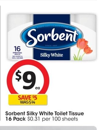 Coles Sorbent Silky White Toilet Tissue 16 pack offer