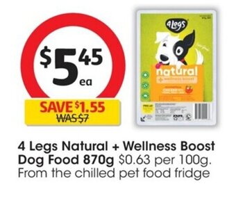 Coles 4 Legs Natural+ Wellness Boost Dog Food 870g offer