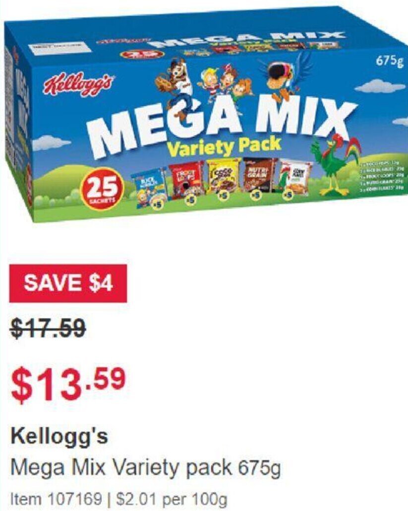 Kellogg's Mega Mix Variety pack 675g offer at Costco