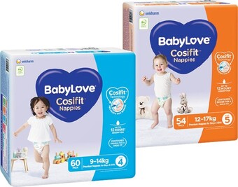 Woolworths Babylove cosifit jumbo nappies pk 54-76 offer