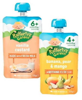Coles Rafferty's garden 4+ months, 6+ months or 8+ months baby food pouch 120g offer