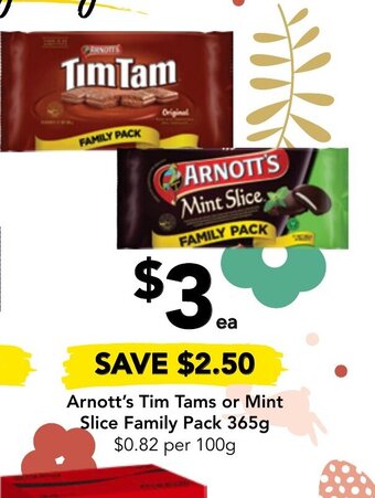 Drakes Arnott's Tim Tams or Mint Slice Family Pack 365g offer