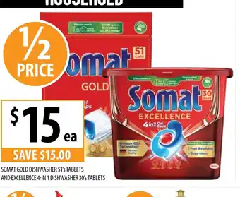 Supabarn Somat Gold Dishwasher 51's Tablets And Excellence 4-in 1 Dishwasher 30's Tablets offer