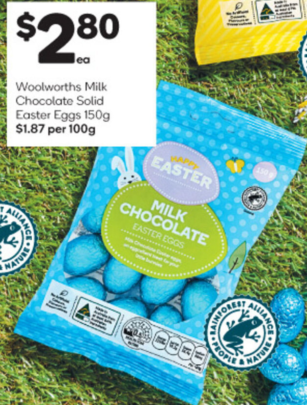Woolworths Milk Chocolate Solid Easte Eggs 150g offer at Woolworths