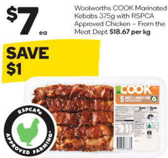 Woolworths Woolworths COOK Marinated Kebabs 375g with RSPCA Approved Chicken offer
