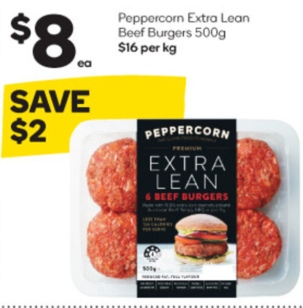 peppercorn Extra Lean Beef Burgers 500g offer at Woolworths