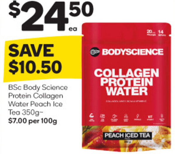 Bsc Body Science Protein Collagen Water Peach Ice Tea 350g Offer At