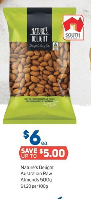 Foodland Nature's Delight Australian Raw Almonds 500g offer