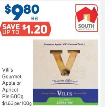 Foodland Vili's Gourmet Apple or Apricot Pie 600g offer