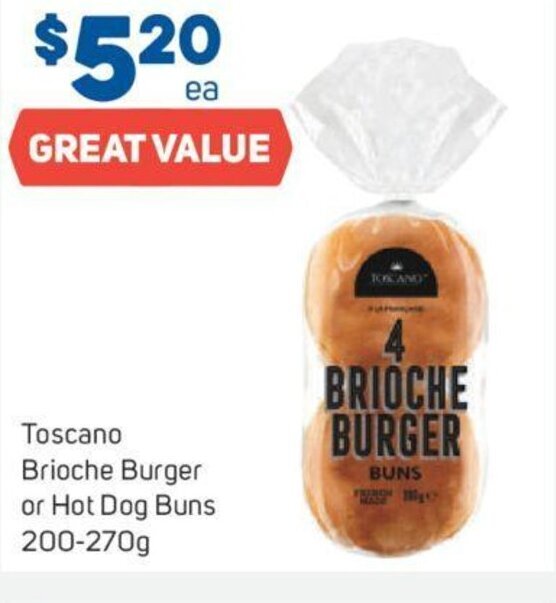 Toscano Brioche Burger or Hot Dog Buns 200270g offer at Foodland