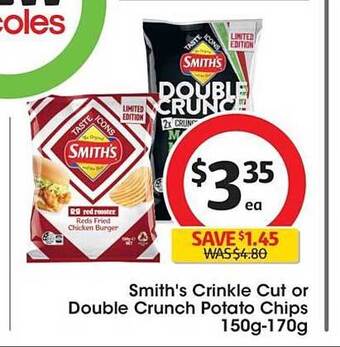 Coles Smith's crinkle cut or double crunch potato chips offer