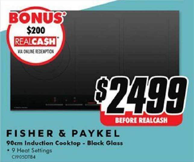 Fisher & paykel 90cm induction cooktop black glass offer at The Good Guys