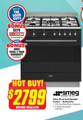The Good Guys Smeg 90cm dual fuel upright cooker - anthracite offer