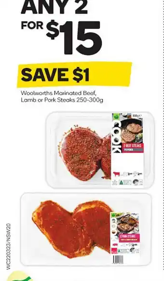 Woolworths Woolworths marinated beef, lamb or pork steaks offer