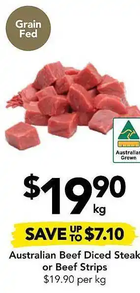 Drakes Australian beef diced steak or beef strips offer