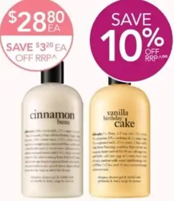 Terry White Philosophy Cinnamon Buns or Vanilla Birthday Cake Shampoo, Bath & Shower Gel 480ml offer