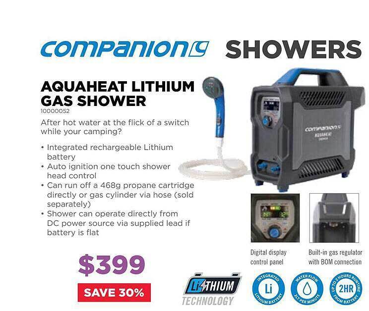 Companion showers aquaheat lithium gas shower offer at OZtrail