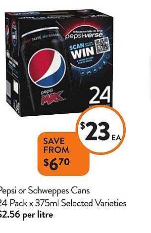 Foodworks Pepsi or schweppes cans offer