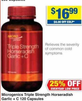 My Chemist Microgenics triple strength horseradish garlic + c 120 capsules offer