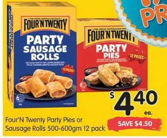 Spar Four'N Twenty Party Pies or Sausage Rolls 500-600gm 12 pack offer