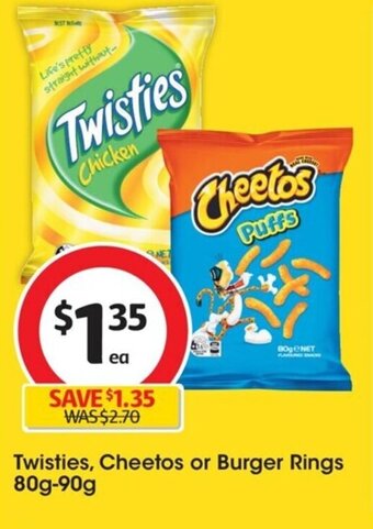 Coles Twisties, Cheetos or Burger Rings 80g-90g offer