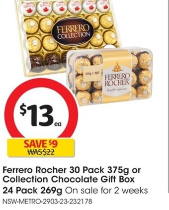 Coles Ferrero Rocher 30 Pack 375g or Collection Chocolate Gift Box 24 Pack 269g offer