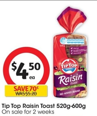 Coles Tip Top Raisin Toast 520g-600g offer