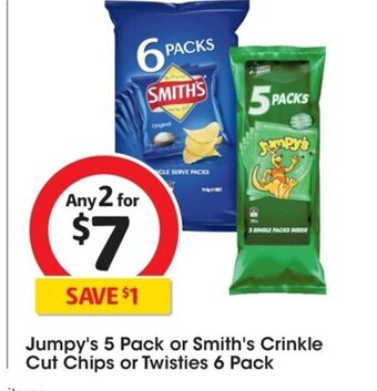 Coles Jumpy's 5 Pack or Smith's Crinkle Cut Chips or Twisties 6 Pack offer