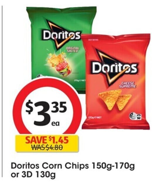 Doritos Corn Chips 150g170g or 3D 130g offer at Coles