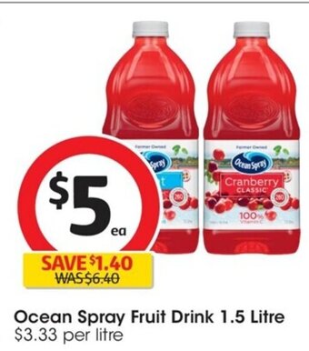 Coles Ocean Spray Fruit Drink 1.5 Litre offer