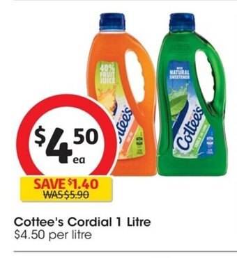 Coles Cottee's Cordial 1 Litre offer