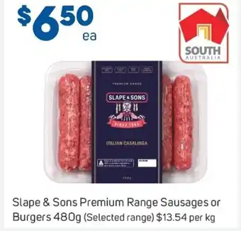Foodland Slape & Sons Premium Range Sausages or Burgers 480g offer