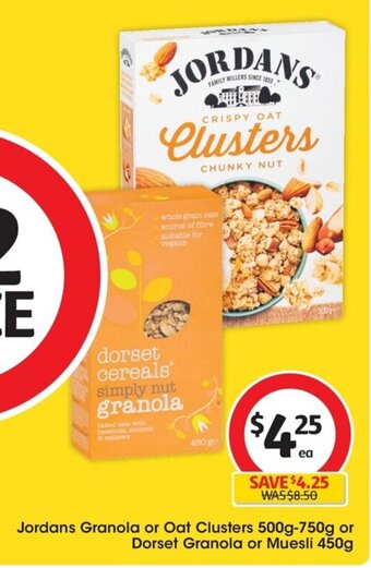 Coles Jordans Granola or Oat Clusters 500g-750g or Dorset Granola or Muesli 450g offer