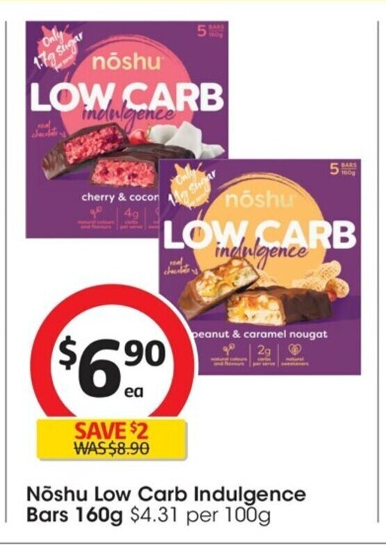 Nöshu Low Carb Indulgence Bars 160g offer at Coles