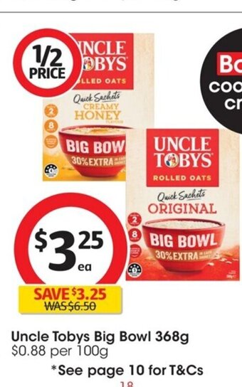 Coles Uncle Tobys Big Bowl 368g offer