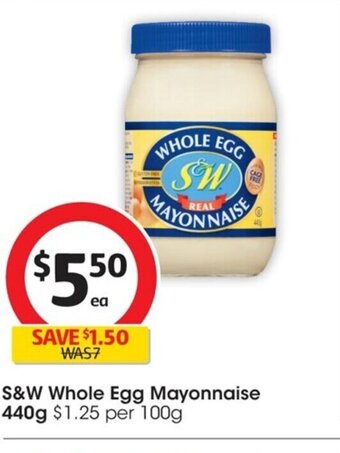 Coles S&W Whole Egg Mayonnaise 440g offer