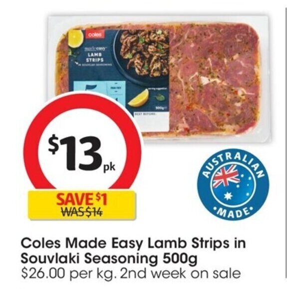 Coles Made Easy Lamb Strips in Souvlaki Seasoning 500g offer at Coles