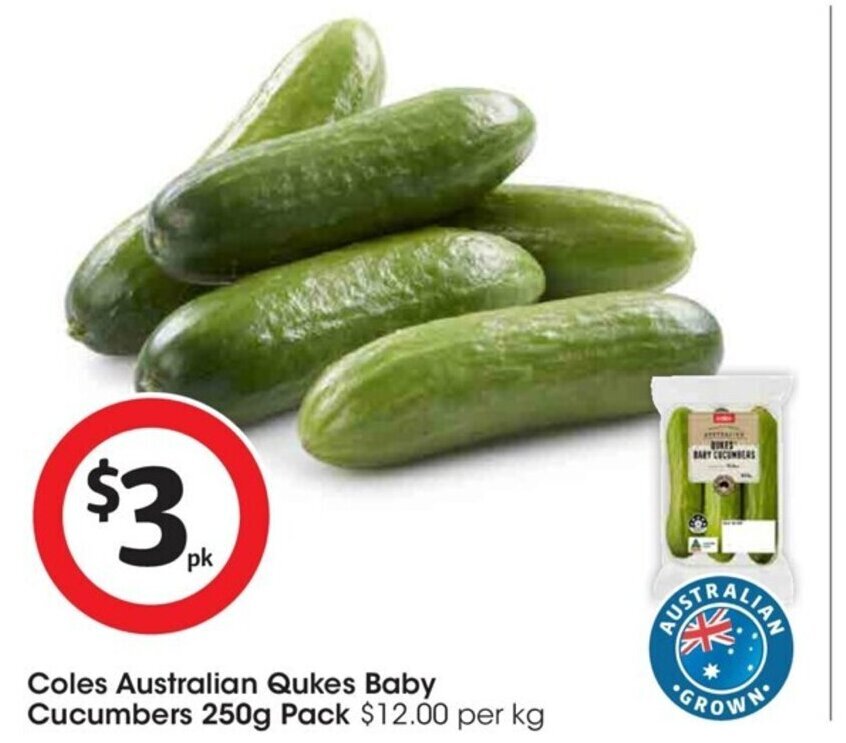 Coles Australian Qukes Baby Cucumbers 250g Pack offer at Coles