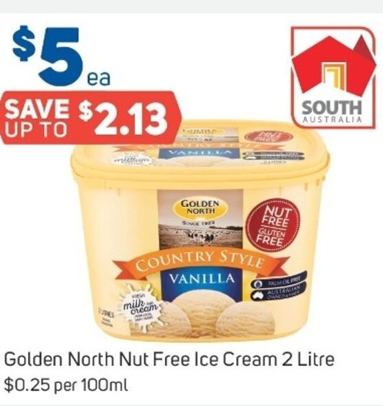 Golden North Nut Free Ice Cream 2 Litre offer at Foodland
