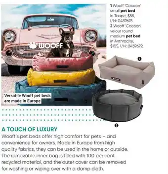 1- wooff 'cocoon' small pet bed 2 wooff 'cocoon' velour orund medium pet bed in anthracite