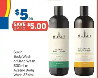 Sukin Body Wash or Hand Wash 500ml or Aveeno Body Wash 354ml