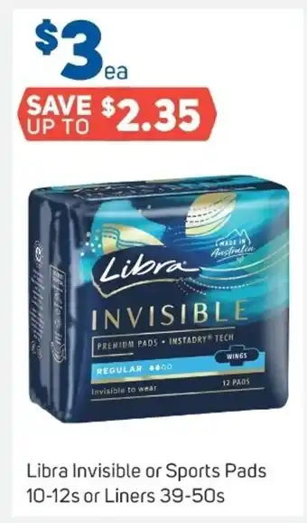 Foodland Libra Invisible or Sports Pads 10-12s or Liners 39-50s offer