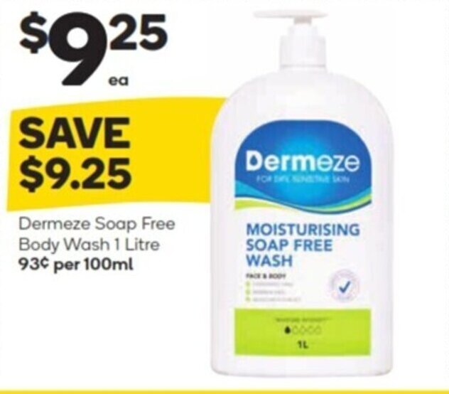 Dermeze soap free body wash 1 litre offer at Woolworths