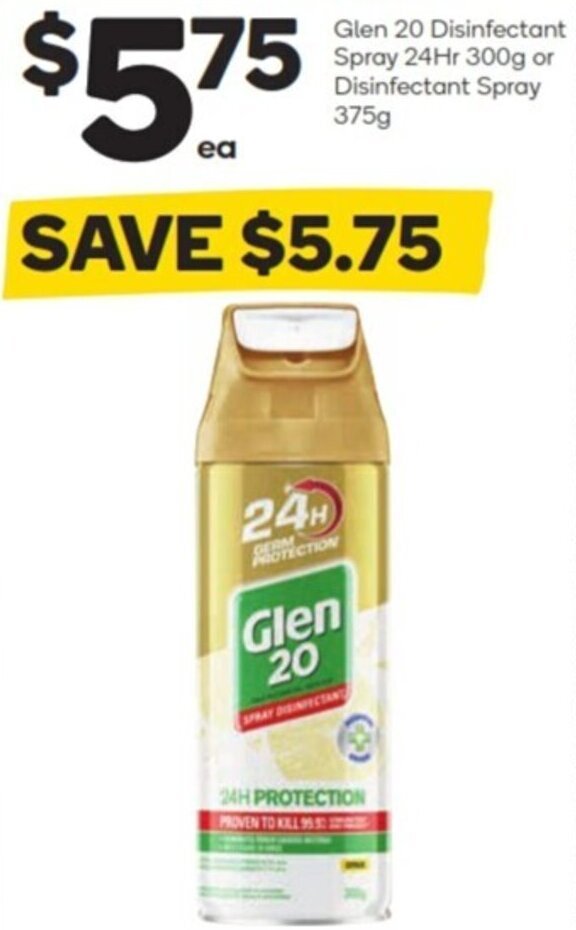 Glen 20 disinfectant spray 24hr 300g or disinfectant spray 375g offer