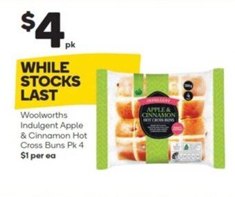 Woolworths Woolworths indulgent apple & cinnamon hot cross buns pk 4 offer