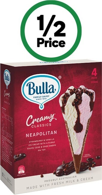 Woolworths Bulla creamy classics ice cream cones 520ml pk 4 – from the freezer offer
