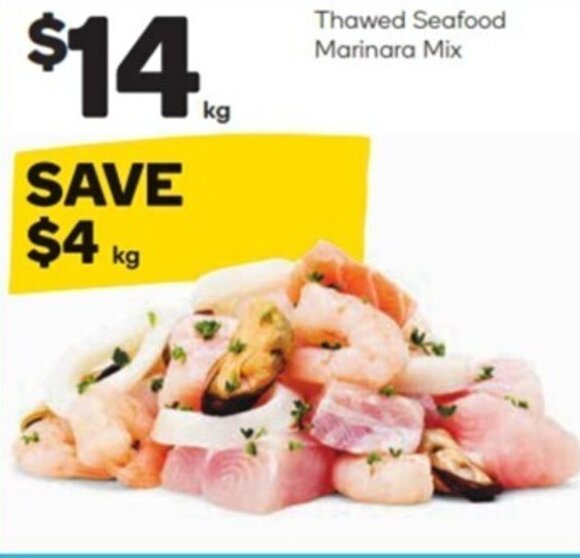 Thawed seafood marinara mix offer at Woolworths